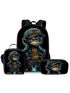 Punk little monkey pattern printed 17-inch backpack three-piece set (single-layer backpack + shoulder strap lunch bag + single-layer pencil bag)