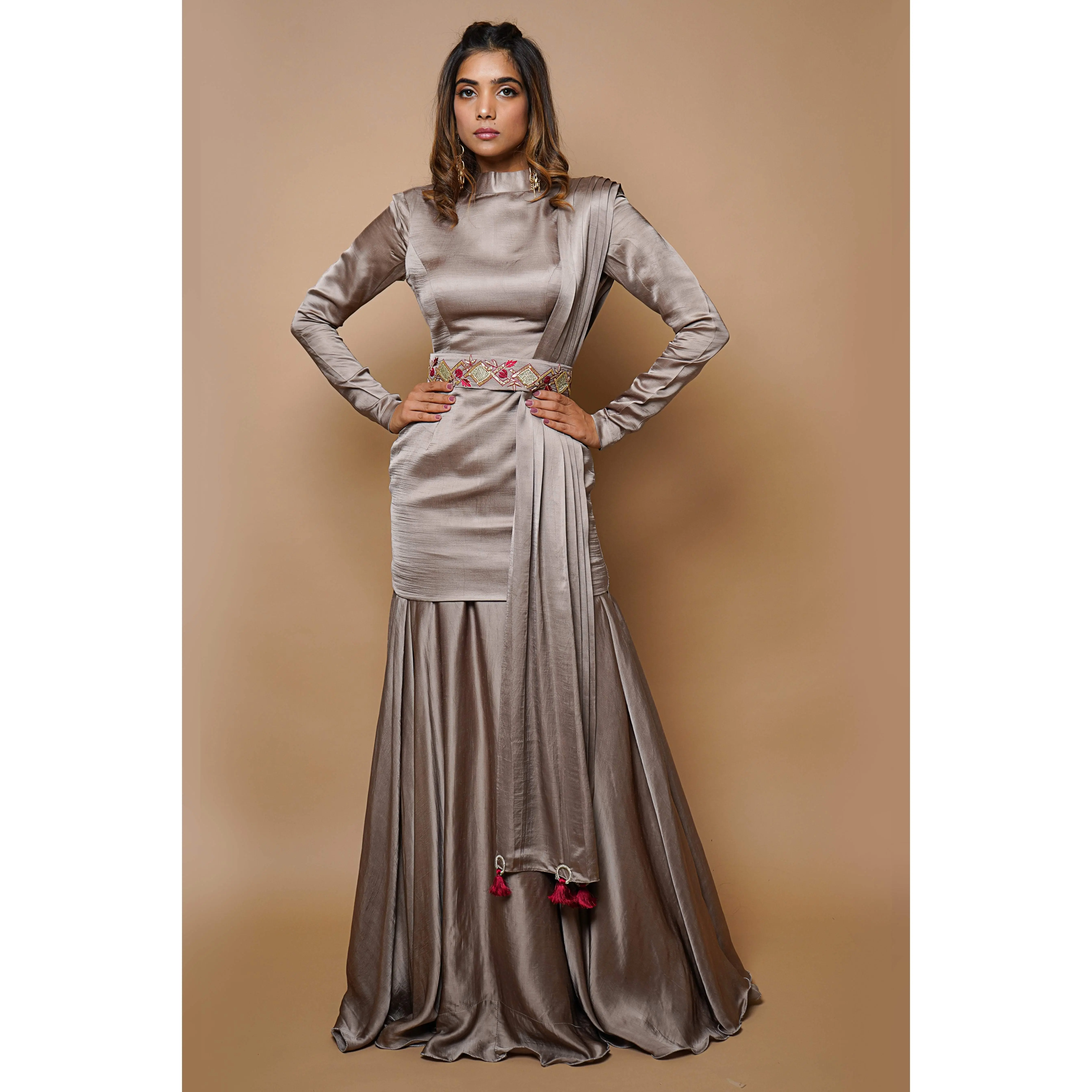 Golden Grey Dress Lehenga Set (Set Of 4)