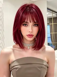 MIXPOP Burgundy Red Bob Wig with Bangs - 12 Inch Short Straight Synthetic Hair Wig, Natural Looking Wine Red Wigs for Women, Heat Resistant Daily Party Cosplay Wig