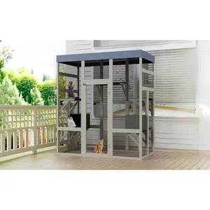 70" Large Outdoor Wooden Catio, Walk-In Cat Enclosure with Waterproof UV-Resistant Roof, 5 Platforms & 2 Resting Boxes, Rust-Proof Wire Mesh Cat House for Backyard & Garden, Fits Up to 6 Cats, Secure Outdoor Pet Playpen for Patio & Deck