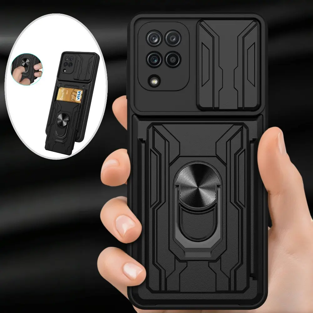 Card Slot Camera Protect Protective Phone Case Shockproof Lightweight Cover For Samsung A12 / A22 4G / A22 5G Capa Armor Metal Ring Holder Cover For Galaxy A12 A22 4G 5G Black Cover Accessories
