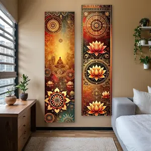Lotus Mandala Vertical Banner Tapestry Wall Hanging Buddha Long Narrow Wall Tapestry Golden Orange Aesthetic Art Tapestries Ideal Gifts for Home Decor Enthusiasts Polyester Stitched Edges Wall Decor for Bedroom Living Room