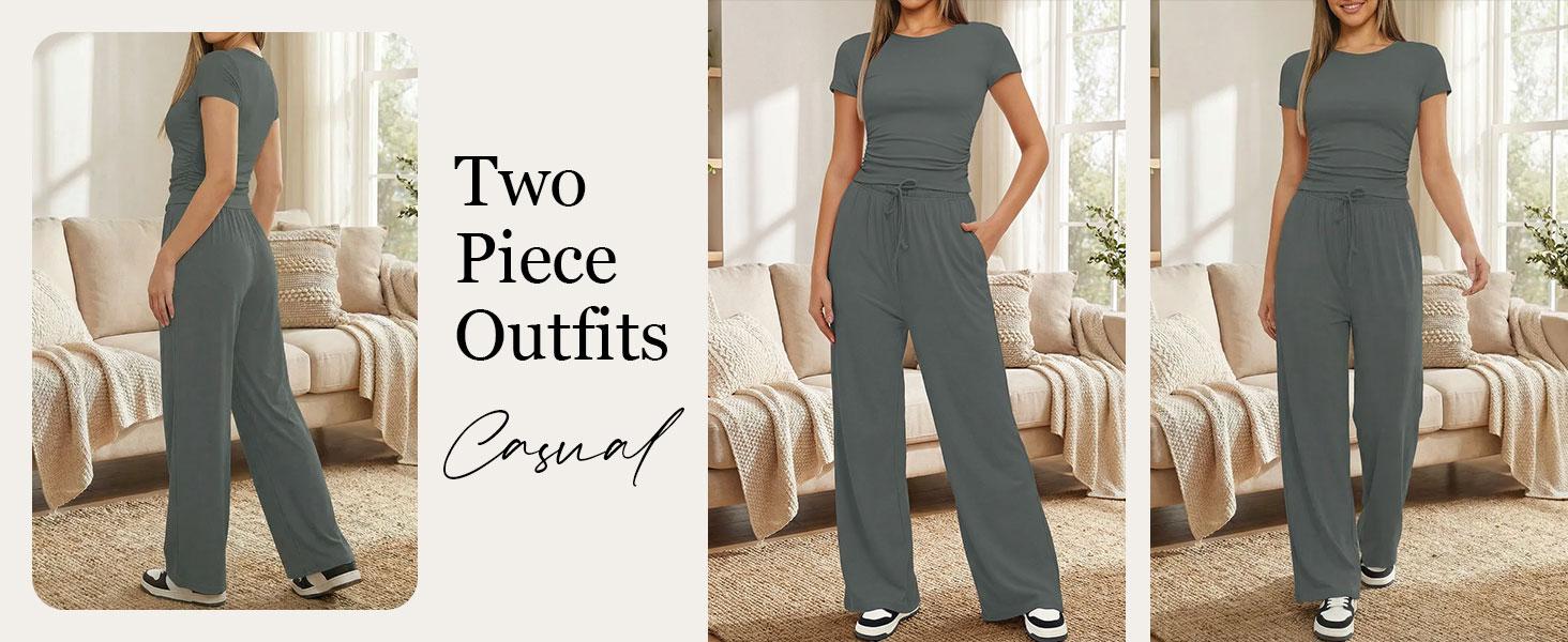 TFNOSIZE Women’s Summer Sports Set – Short-Sleeve Crewneck T-Shirt and Wide-Leg Pants Two-Piece Set, Stretch Fabric, Suitable for Yoga, Casual Wear, Daily Exercise, Fitness, Running, and Fashionable Women’s Clothing Set