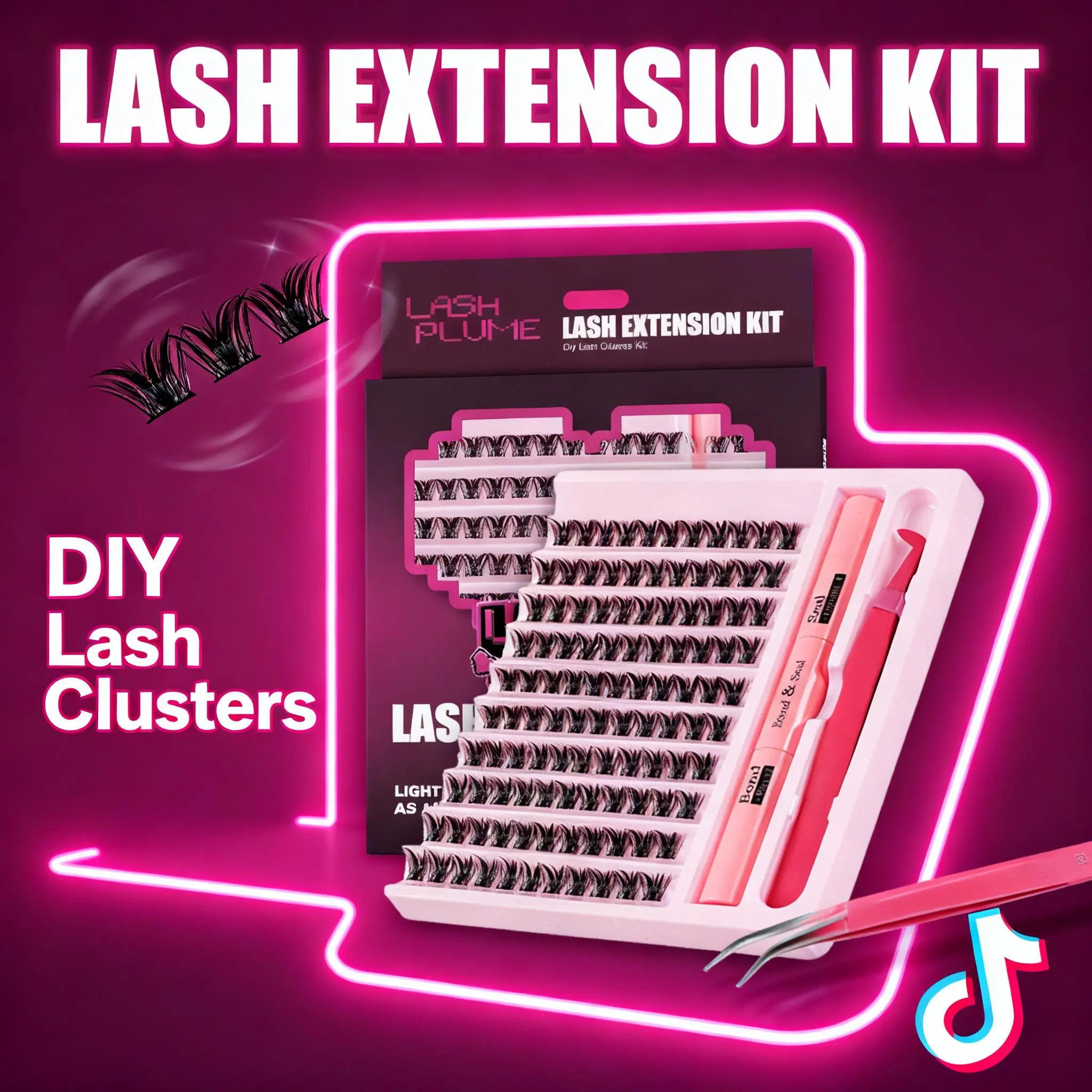 LashPlume Lash Extension Kit Thick Eyelash Extension Kit 8-16mm Fluffy Lash Clusters Individual Eyelashes Kit with Lash Bond, Lash Remover, Lash Applicator, DIY Lashes Extension