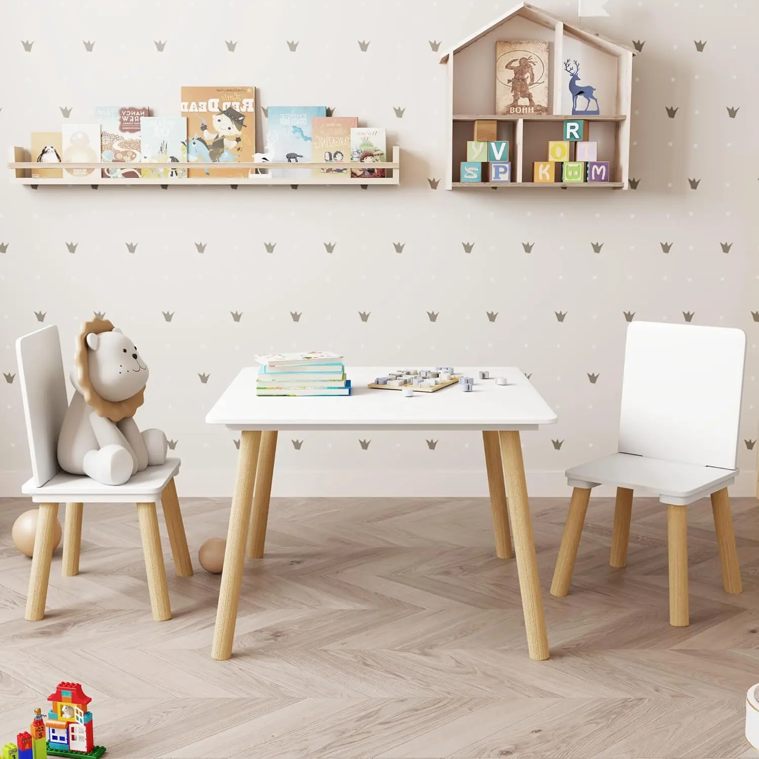 Kids Table and 2 Chairs Set, 3 Pieces Toddler Table and Chair Set, Kids' Table & Chair Sets, Kid Play Table for Daycare, Classroom, Home (White)