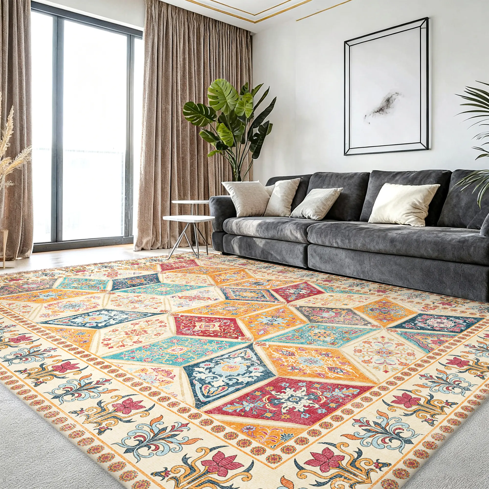 WISH TREE Washable Vintage Patchwork Faux Wool Area Rug, Boho Geometric Print Low-Pile Non-Slip Living Room Rug with Faux Wool Fiber for Home Interior, Bedroom | Fall Holiday Refresh Decor