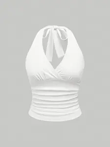 Women's Solid Color Halter Neck Tie, Casual Shirt, Top, Daily Wear, Minimalist, Stylish and Comfortable, Perfect for Everyday Use