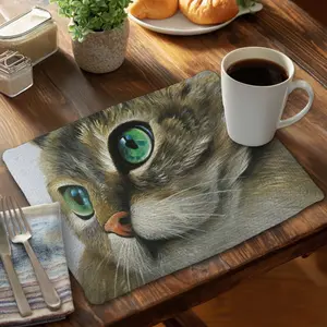 360 Stand Brown Braided Rectangular Tableware Placemat, 14x18 in Hyperrealism Peaceful Cat Portrait Design, Kitchen & Home Dining Decor Accessory (CBPM14187FENFZ)