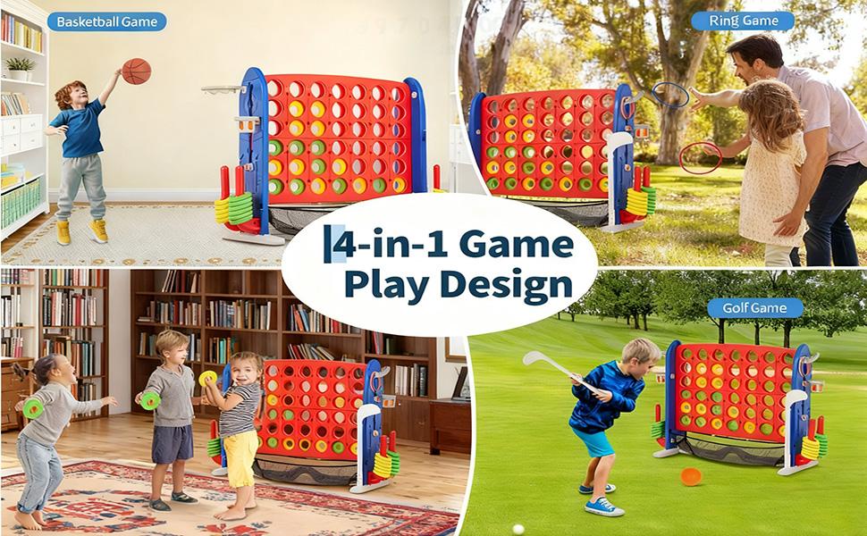 Giant 4-in-1 Connect Game Set, Jumbo 4-to-Score with Basketball Golf & Ring Toss, 3-Level Height Adjustable Yard Game for Kids & Family Indoor Outdoor Gatherings