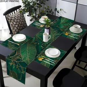 2D flat printing, Aesthetic, 1 piece/2 pieces/4 pieces/6 pieces/8 pieces of palm leaf placemats and table flags, geometric pattern gold green line, modern tropical restaurant decoration, suitable for daily holiday gatherings