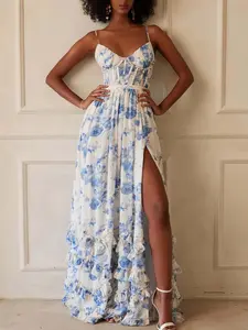 Women's French Style Ruffle Trim Long Dress, Backless Floral Maxi Dress, Boho Summer Party Gown, Adjustable Straps, Comfortable Fit