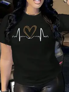 Women's Heartbeat Print Round Neck Tee, Casual Short Sleeve T-shirt for Summer, Ladies Clothes for Daily Wear