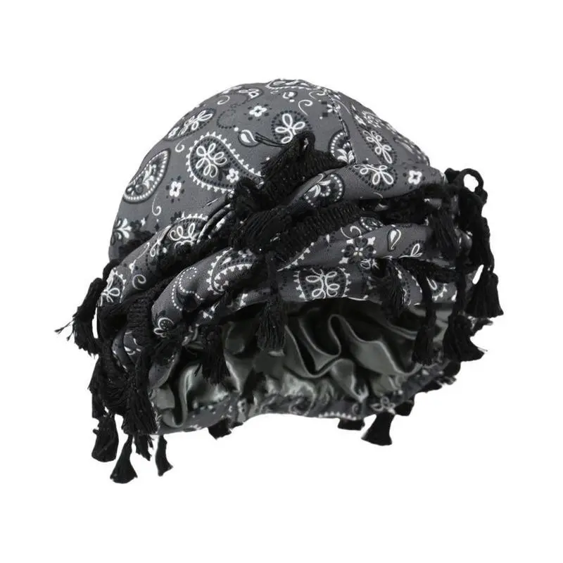 Breathable stretch unisex paisley print turban hat with arabic fashion stretch hood and tassel detail Breathable stretch unisex paisley print turban hat with arabic fashion stretch hood and tassel detail