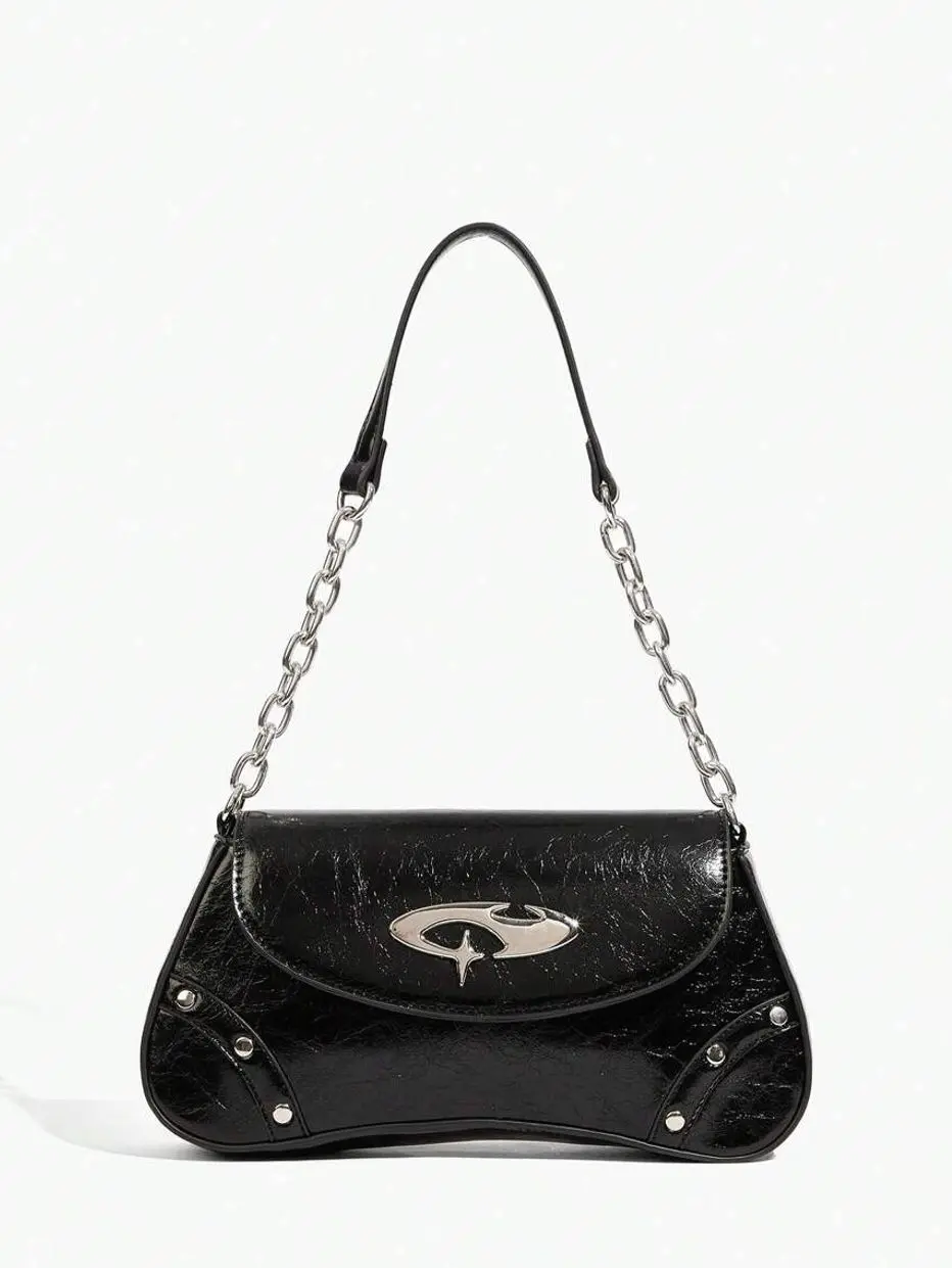 Y2K Studded Rhinestone Shoulder Bag for Women, Gothic Punk Chain Baguette Purse, Vintage Black Underarm Handbag