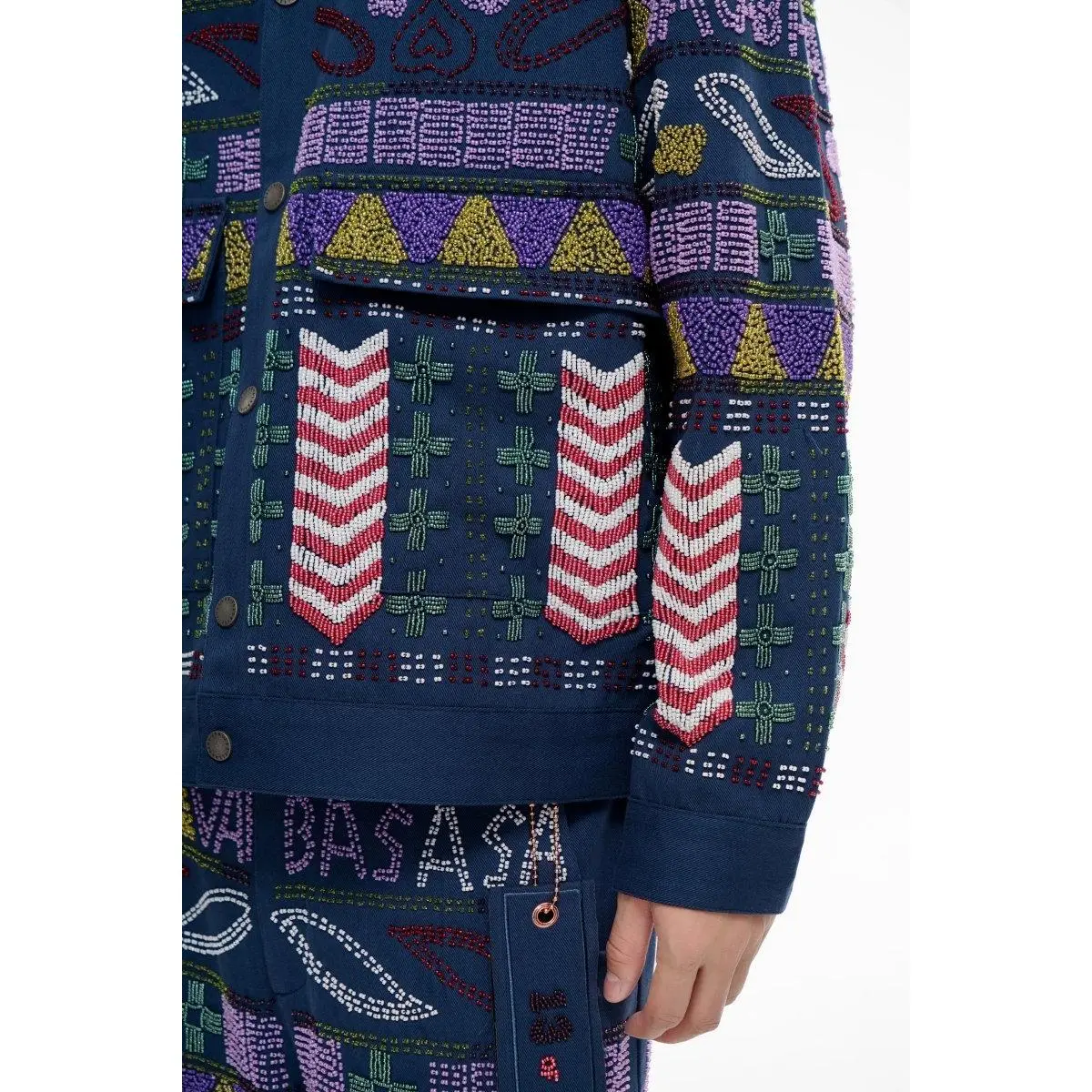 Women's Traditional Handcrafted Navy Beaded Cotton Coat - Limited Edition, Relaxed-Structured, Multi-Color Symbolic Motifs, 100% Cotton, Button-Closure
