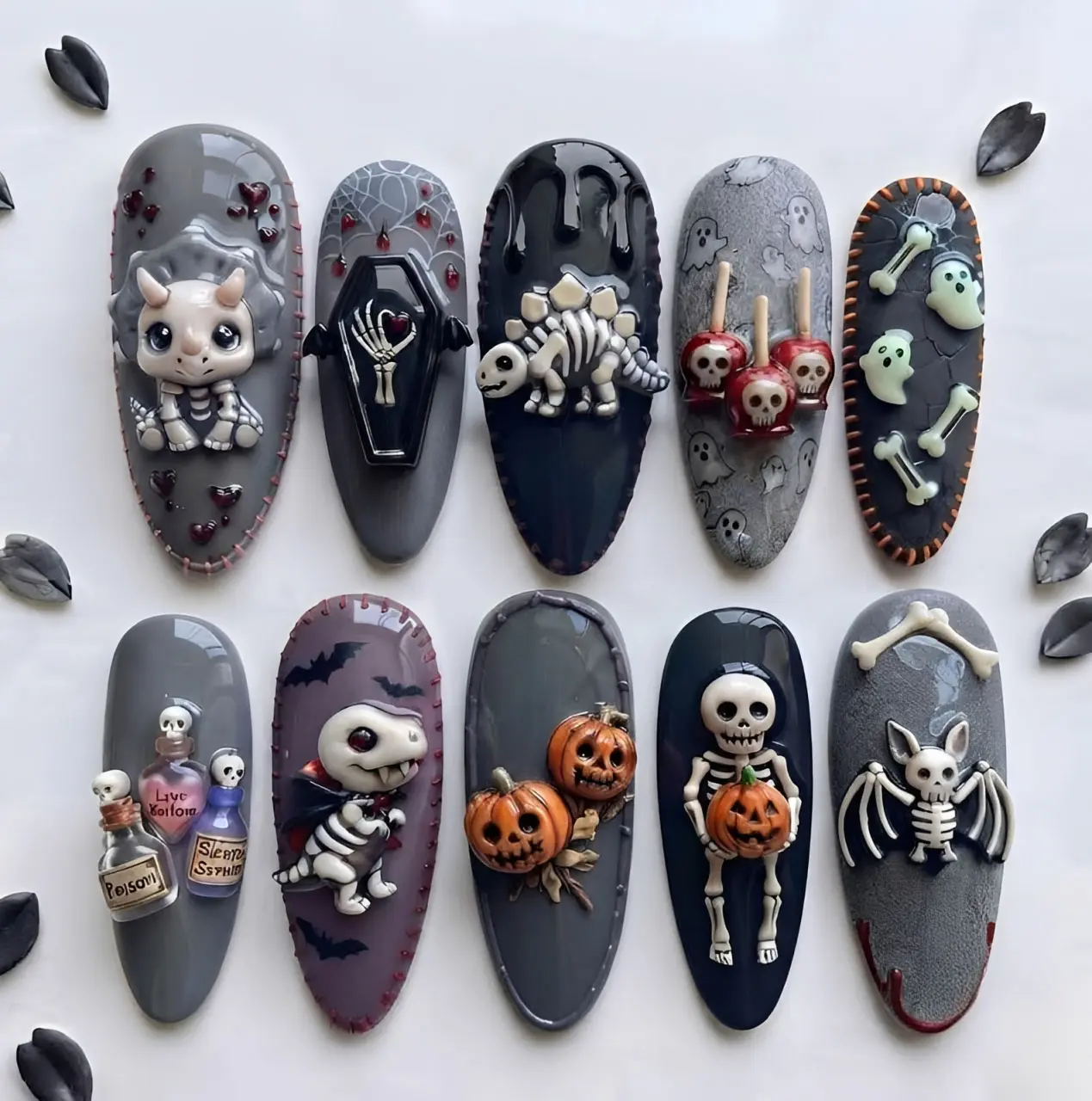 Cute Spooky Halloween Press On Nails | 3D Skeleton Pumpkin Ghost Dino Coffin Handmade Nails | Kawaii Goth Nail Set