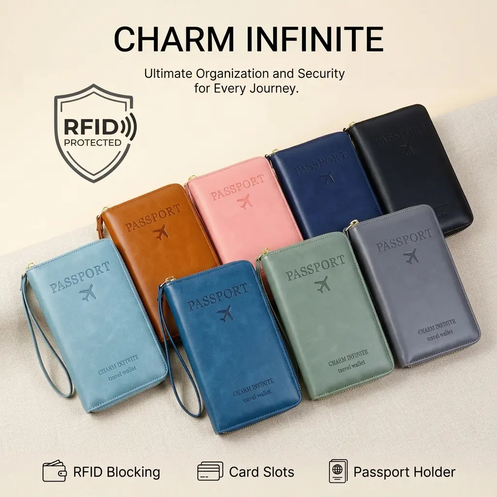 RFID Passport Wallet - Zipper Travel Card Holder with Wrist Strap, Minimalist Decluttering Lightweight Multi-Functional Organizer for Girls, Boys Travel Essentials