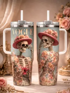 VOGUE Skeleton Tumbler – Day of the Dead Mexican Inspired Floral Skull Design, Insulated Travel Cup, Unique Drinkware, Perfect Gift for Fans open for sale