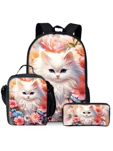 Pink and white cat printed backpack three piece set including lunch bag and pencil case