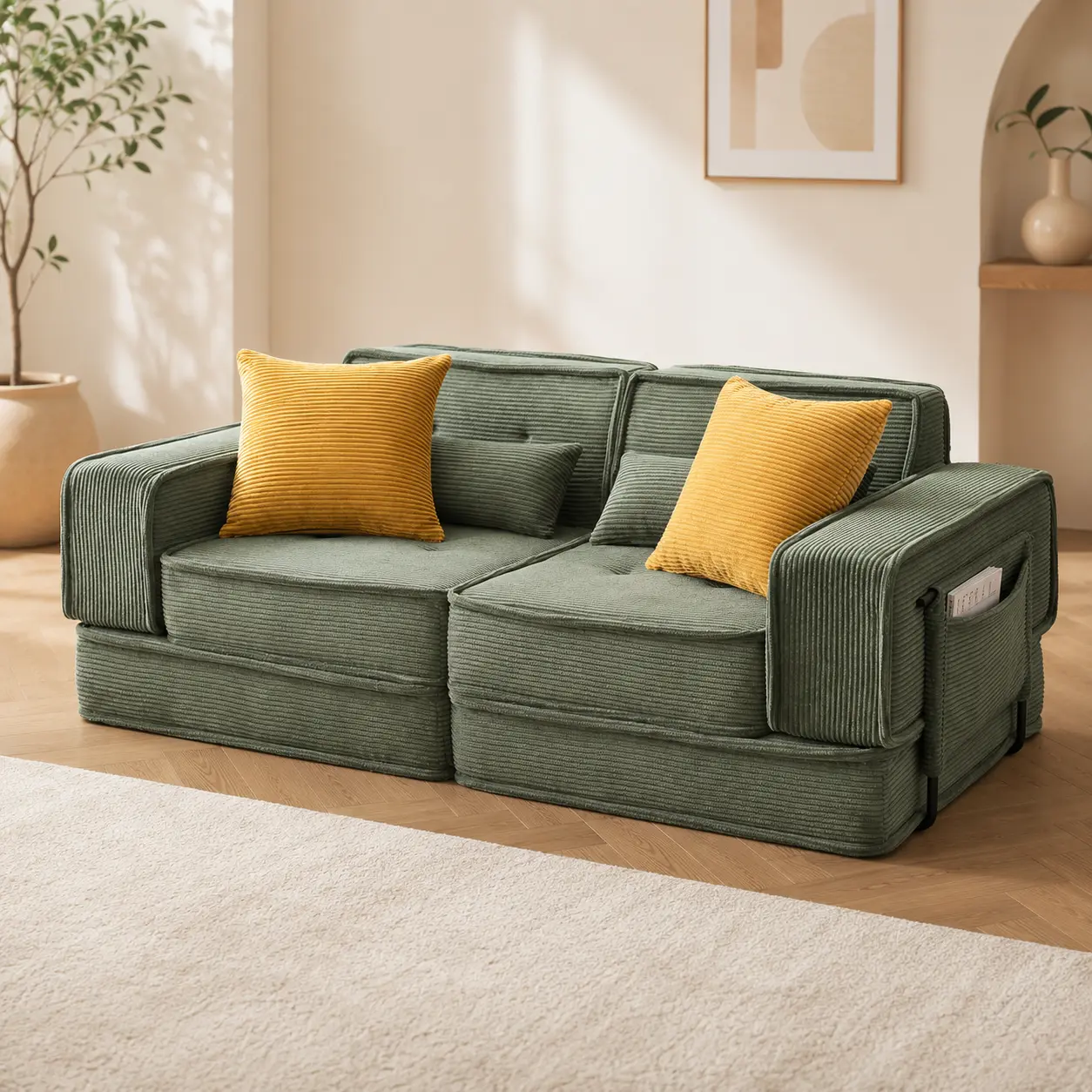 Modern Green Corduroy Modular 2-Seater Loveseat, Deep Seat Upholstered Sofa with Side Storage Pocket for Living Room