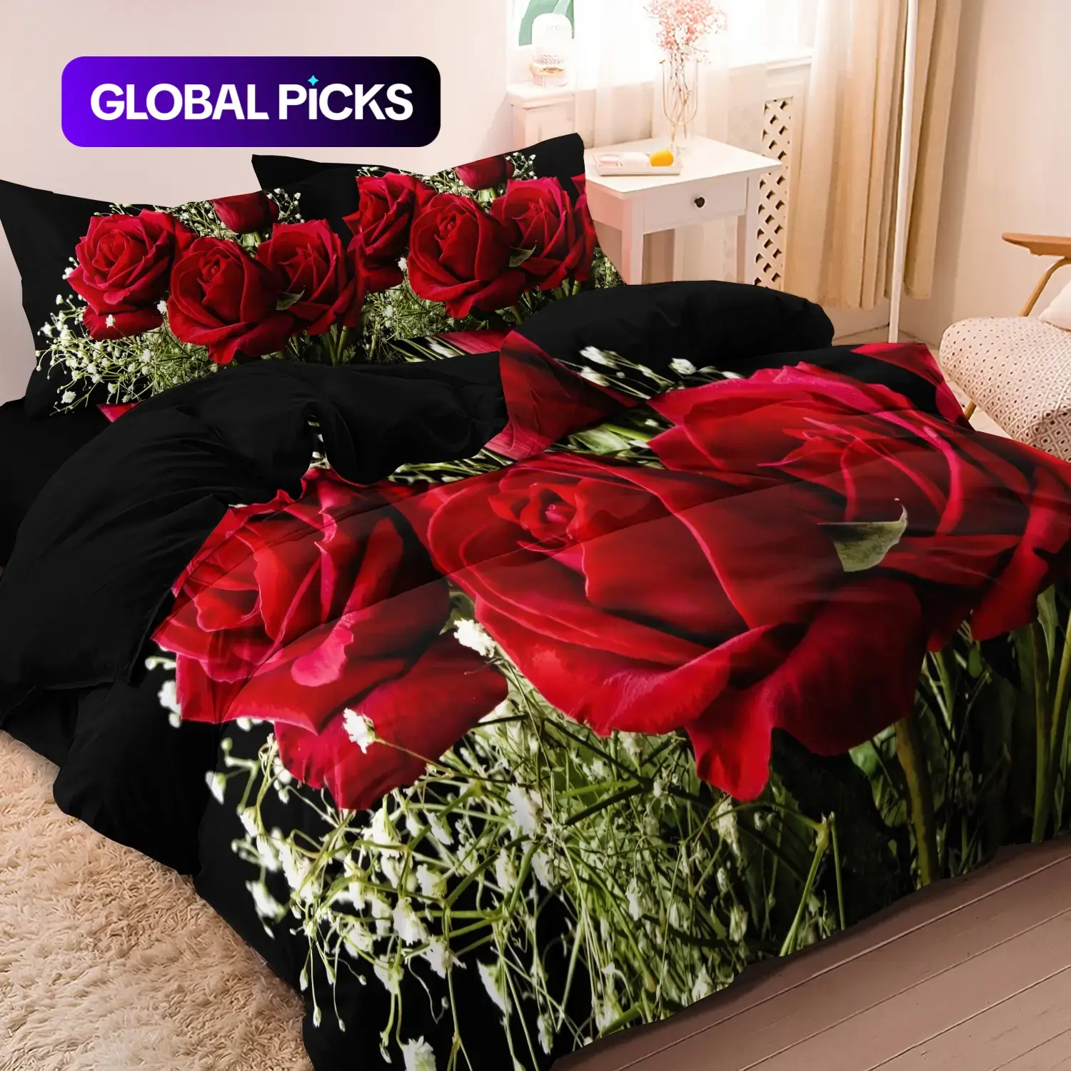 Rose Print Decorative Duvet Cover Set, 3 Count/set Quilt Cover Set Including 1 Duvet Cover and 2 Pillowcases without Filler, Soft Comfortable Bedding Set for Home Bedroom #GLOBAL PICKS