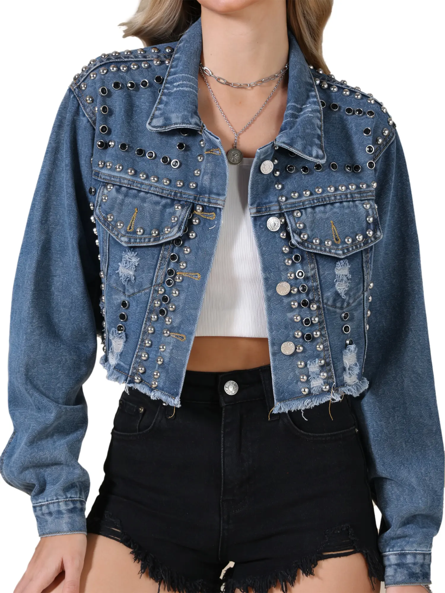 INSPIRE CHIC Jean Jacket Women's Rocker Party Rhinestones Denim Jacket