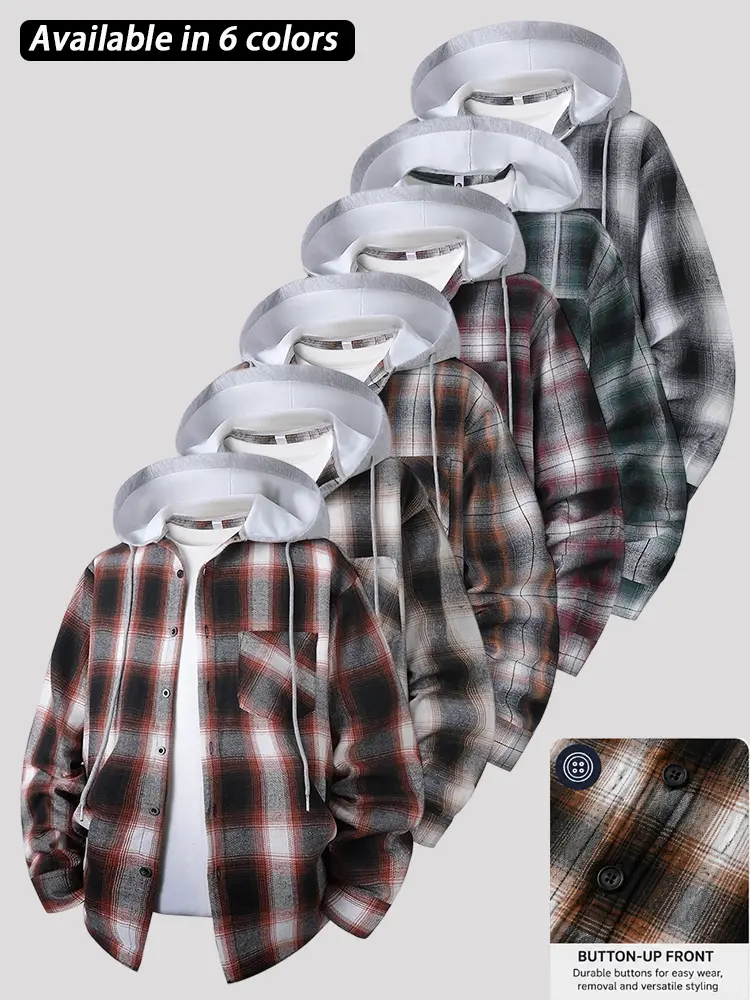 Men's Plaid Hooded Shirt Jacket, Regular Fit Long Sleeve Button Down Flannel Shacket with Drawstring Hood and Chest Pocket, Casual Layering Top for Fall, Winter and Spring, Streetwear Overshirt for Daily Wear, Travel, Work and Outdoor Style, Everyday Wear