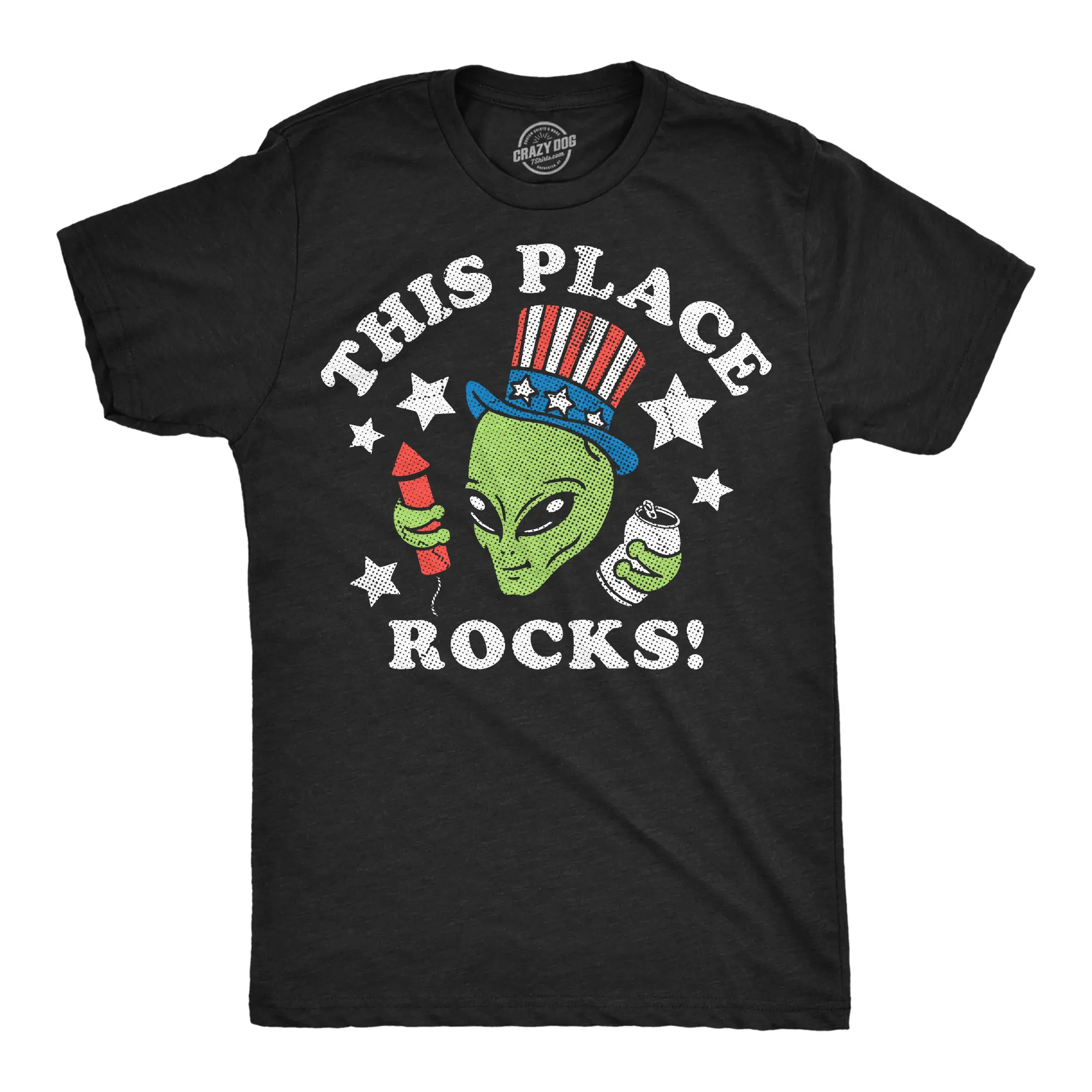 Mens Funny T Shirts This Place Rocks Sarcastic Fourth Of July Alien Tee For Men Mens Funny T Shirts Cool Vintage Fashion T-Shirt Gift Classic Menswear Patriotic Apparel for Men Funny Drinking Short Sleeve Black -