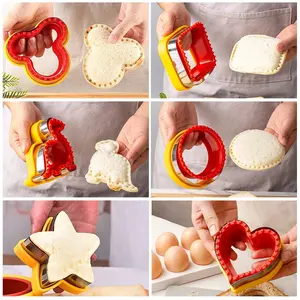 Sandwich Cutter & Crust Sealer Set, Stainless Steel Uncrustables Maker with Bear, Dinosaur Shapes, Crustless Sandwich Bread Mold with Protective Handles for Kids Lunch, Bento Boxes, Toast, Pastries & DIY Baking, Cookie Cutters, Baking Tools