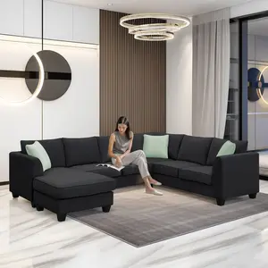 VJIAIEO 112*87" Sectional Sofa Couches Living Room Sets, 7 Seats Modular Sectional Sofa with Ottoman, L Shape Fabric Sofa Corner Couch Set with 3 Pillows