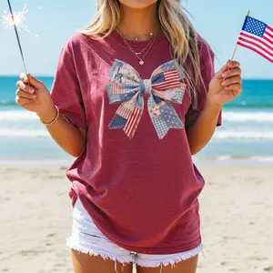 Patriotic Coquette Bow Faux Patchwork American Flag Cotton T-shirt Comfort Colors Vintage Wash 4th of July USA Shirt America 250 Summer Top
