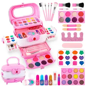 Girls Pretend Play Makeup Set, Washable Beauty Toys, DIY Portable Cosmetic Box, Fashion Role Play Cosmetics, Mirror, Powder Case, Nail Polish, Brush, 3-9 Years, Kids Vanity