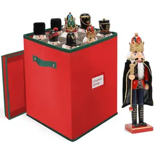 Christmas Nutcracker and Figurine Storage Box, Keeps 9 16" Tall Holiday Nutcrackers, Figurines, and More -Xmas Decor Collectible Organizer with Adjustable Dividers, 600D Oxford Fabric Tear-Proof