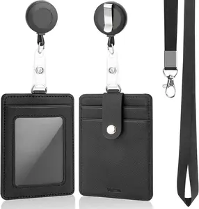 Black Lanyard with Retractable Reel Clips, Multiple Card Slots with Leather Snap, ID Badge Holder for Office Staff Doctor Teacher