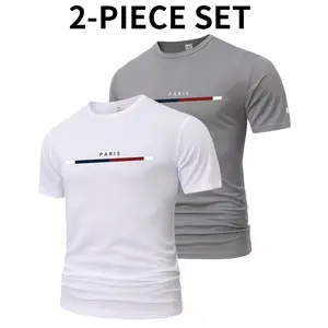 2PCS Men’s Pattern T-Shirt Set, Street Style Casual Wear, Suitable for Teenagers’ Daily Use, Slim Fit Short Sleeve, Printed Design