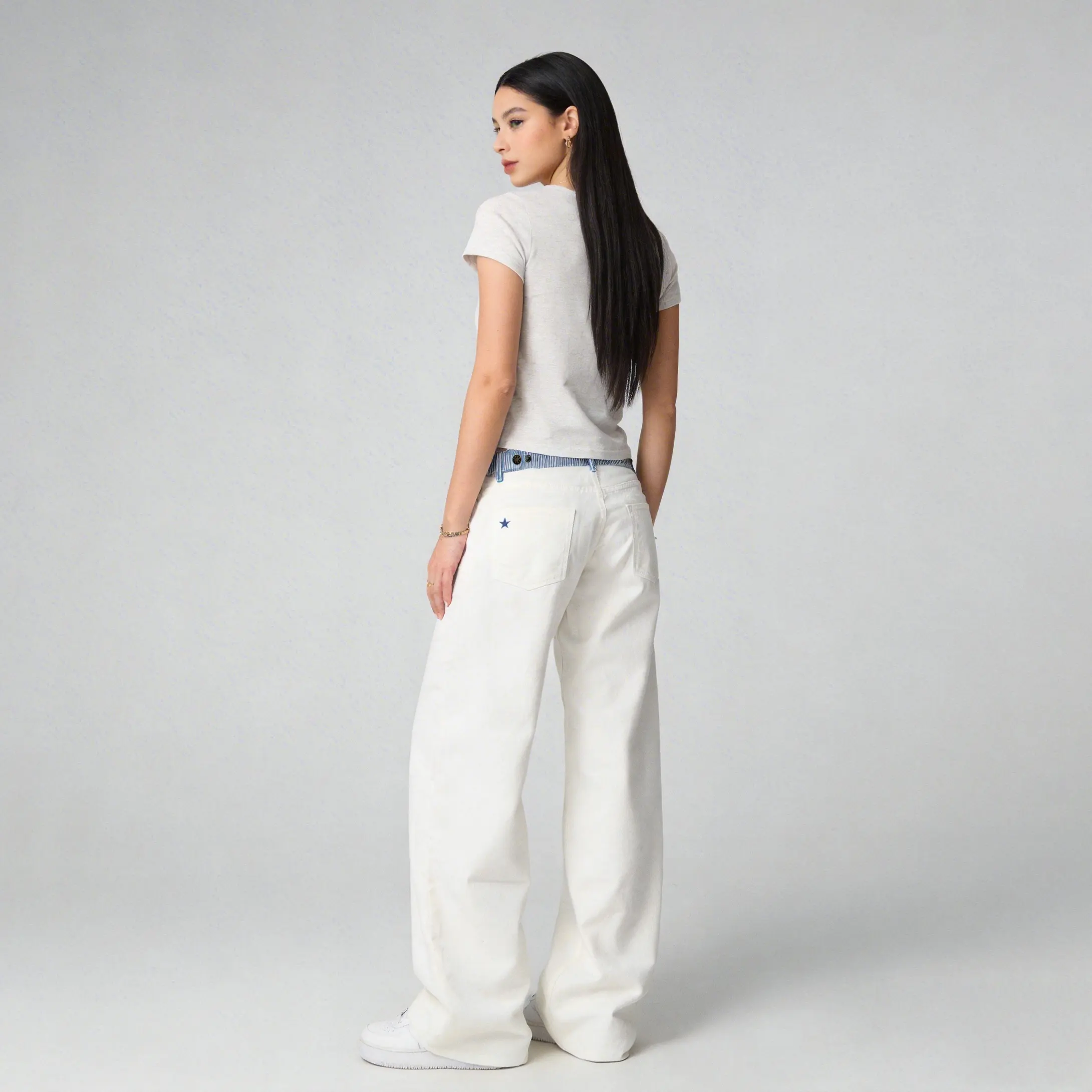 Pwest NYC Jodie Adjustable Low-Rise Loose-Barrel Leg Jeans &mdash; Y2K Minimalist Style, Adjustable Snap Buttons, Color-Blocked Waistband, Loose-Leg Cut, Soft Daily Wear
