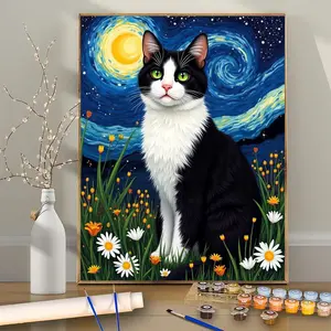 Paint by Numbers Kit for Adults Beginners, Cat Oil Painting on Canvas, 1PC, 16x20 Inch, 24 Color, DIY Acrylic Painting, No Frame, Starry Night Design, Perfect Gift for Birthday, Father's Day, Christmas, Halloween, Mother's Day, Beginner Friendly
