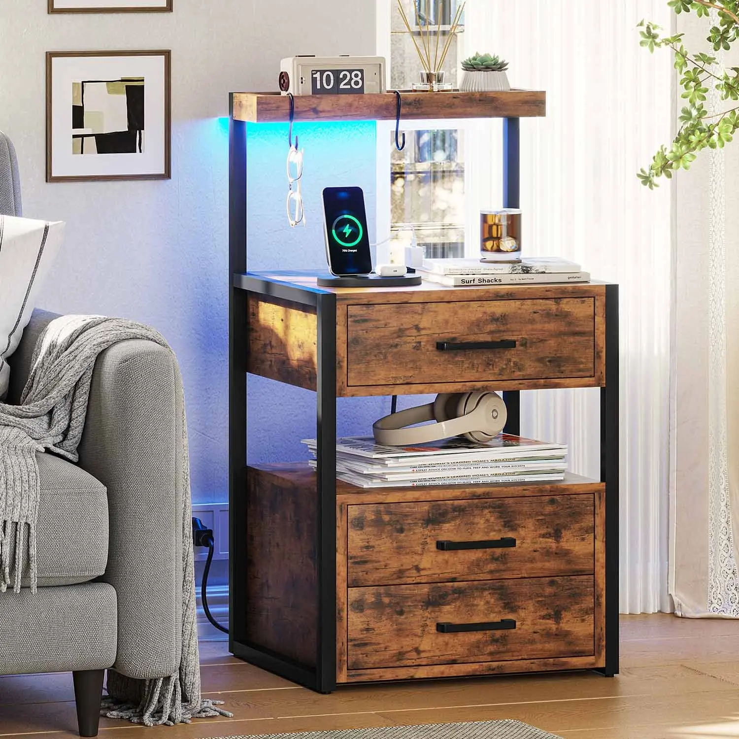 Sikaic Modern Bedroom LED Nightstand - Rectangle 3-Drawer Waterproof Bedside Table with Charging Station, Metal Pedestal, Bluetooth Function