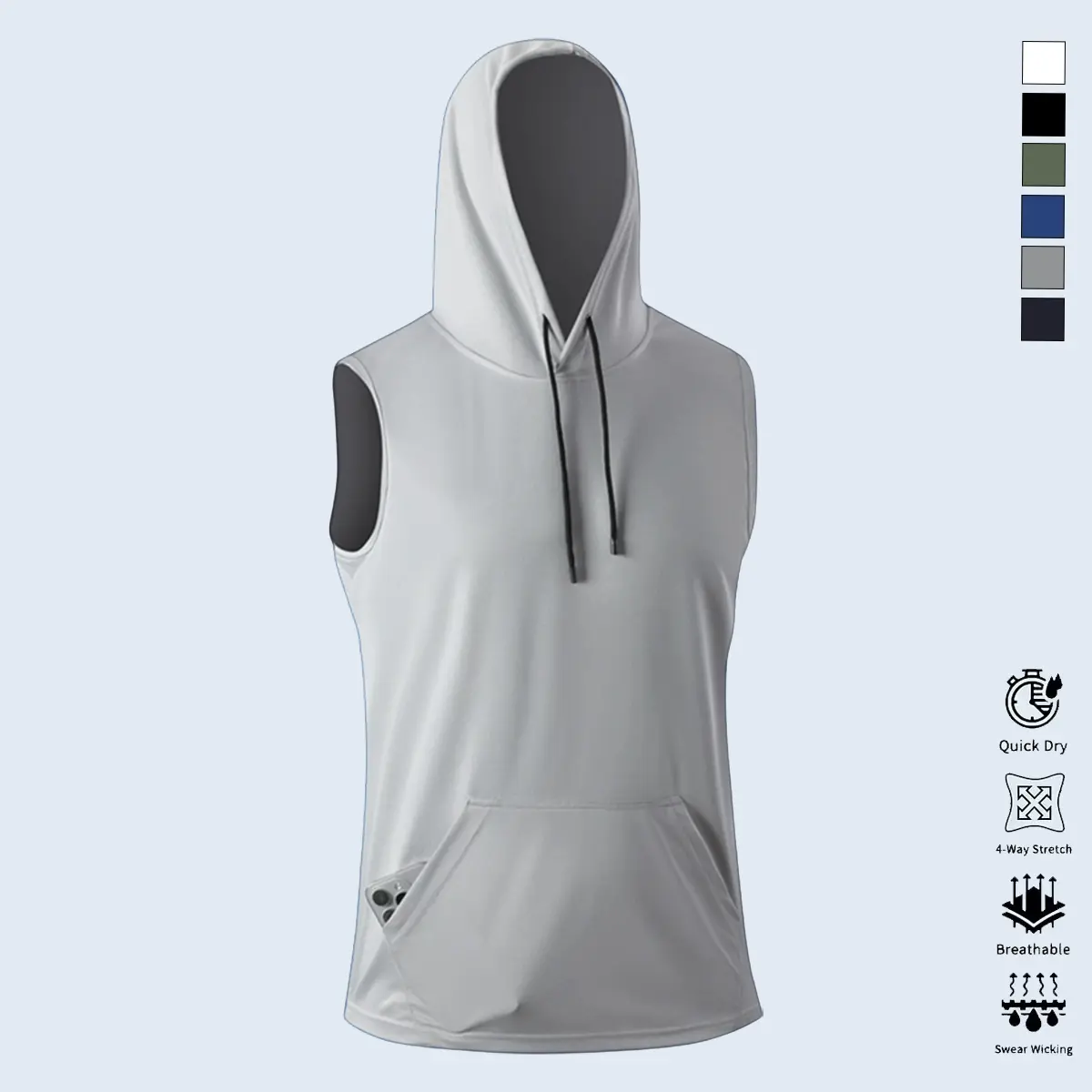 Men's 6-Color Hooded Dry-Fit Quick-Dry Athletic Workout Tank - Breathable Mesh, Loose-Fitting Sleeveless Polyester Sports Singlet, Stash Pocket, Machine Washable Athleisure Wear for Yoga & Run (XS, Regular, XL)