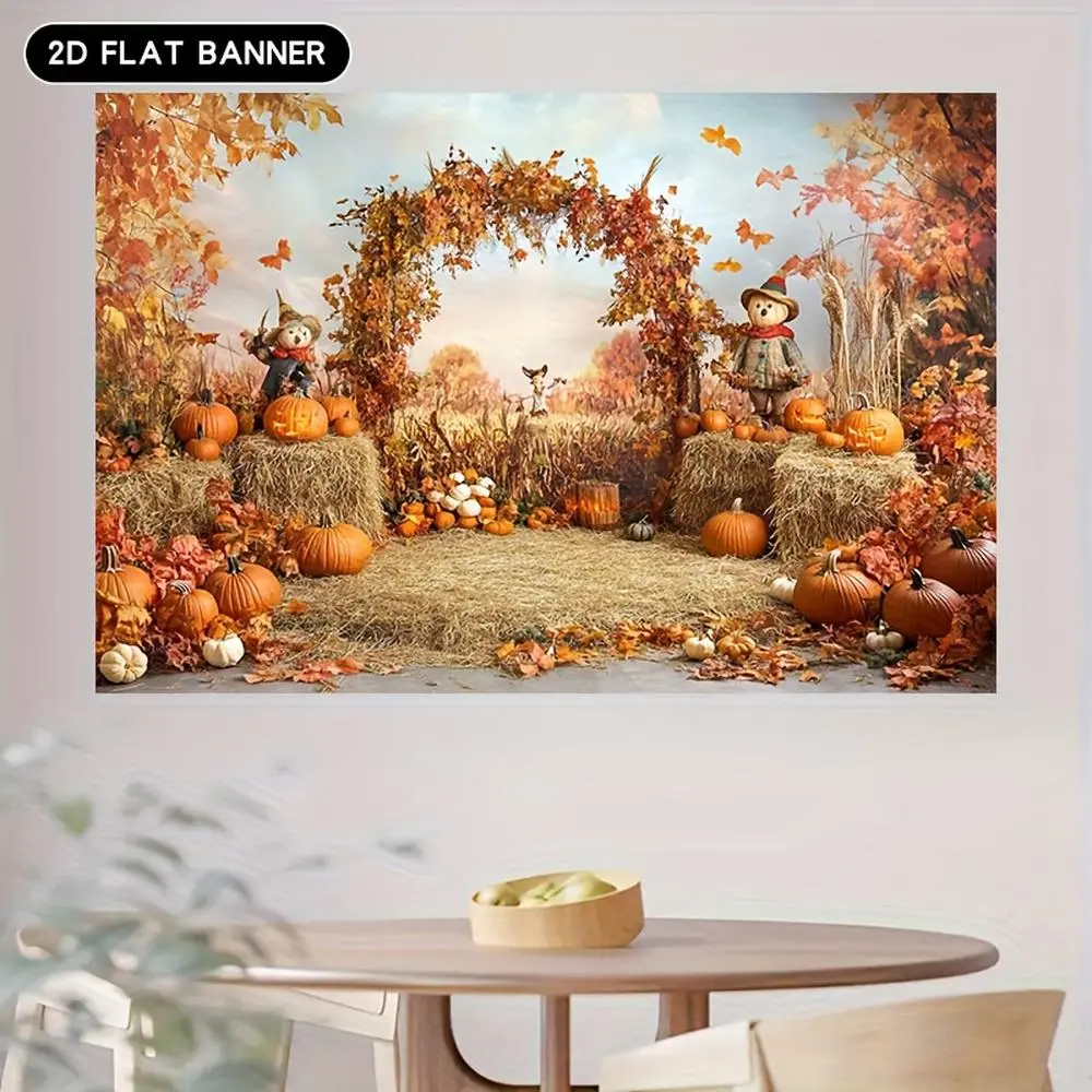 1pc 2D Flat A Flat 2D Banner, Featuring a Harvest Pumpkin Thanksgiving Backdrop - Showcasing Autumn Scenery with Scarecrows, Haystacks, And Pumpkins in Vibrant Fall Colors. It Requires No Power, White