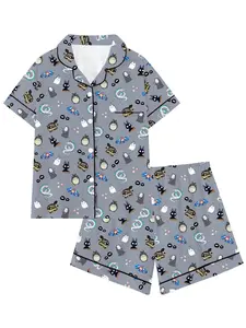 Anime Aesthetic Cute Lapel Short Sleeve Pajama Set, Comfortable Sleepwear for Home and Outdoors, Perfect Gift for Sleeping and Vacation，Cute Chinchilla Print Lounge Set | Fluffy Grey Animal Pajamas for teens,teens Sweet Woodland Creature Sleepwear