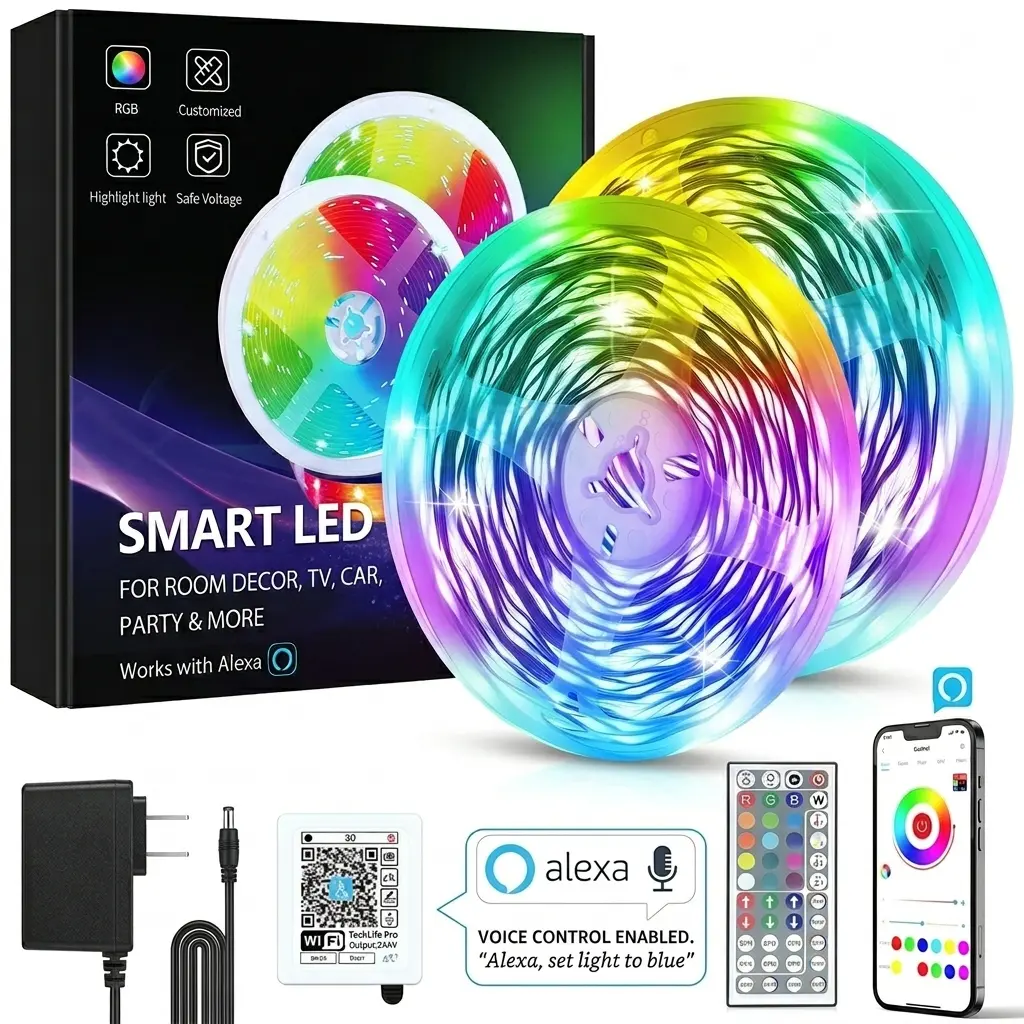 100FT 50FT WiFi Led Strip Lights Smart Led Light Strip Work with Alexa & Google Assistant RGB Music Sync Color Changing Led Light for Bedroom Decors
