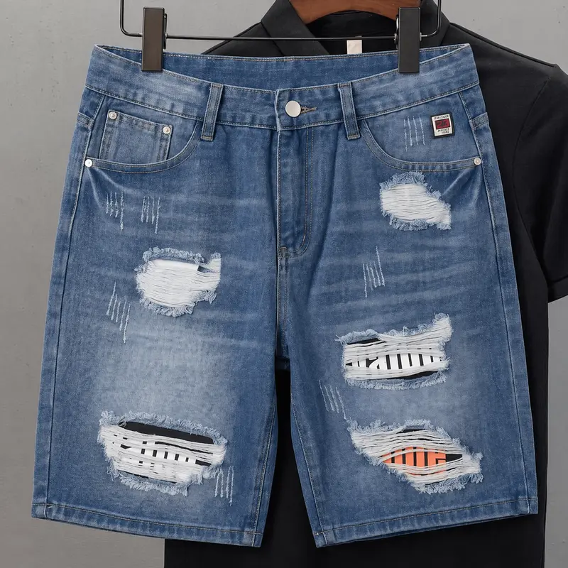 Men's Classic Soft Vintage Light Wash Cotton Straight Denim Shorts - Distressed, Frayed Hem, Ripped, Pocket, Graphic Design, Streetwear Summer Casual Menswear Bottoms