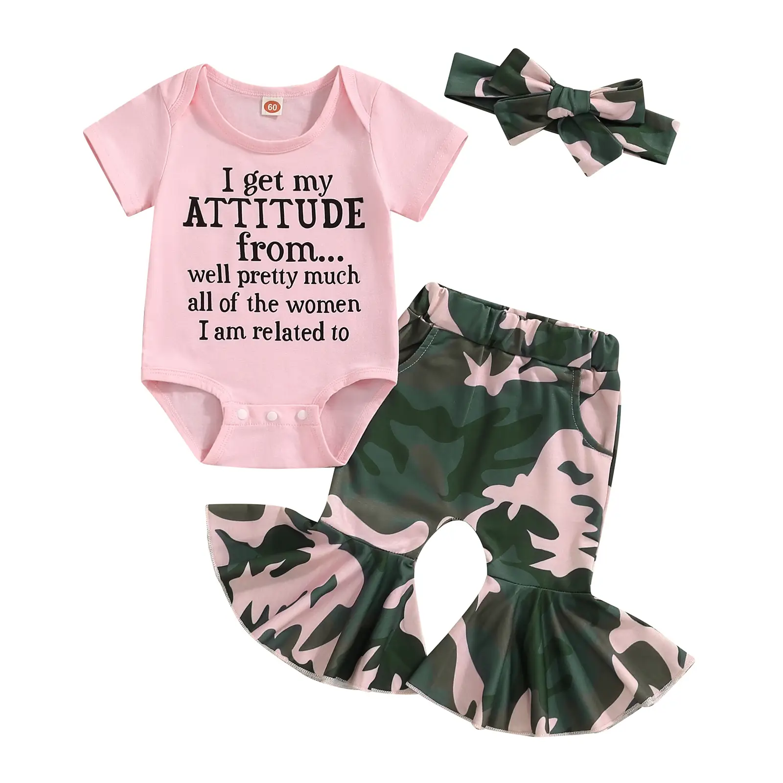 Newborn Baby Girl Summer Outfits I Get My Attitude from well pretty much all the women im related to Bodysuit Romper and Camouflage Flared Pants Headb