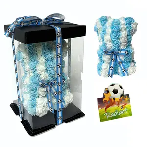 Argentine Rose Teddy Bear Set, Handmade Flowers, Transparent Gift Box, Ideal for World Cup, Copa America, Graduation, Football Fans