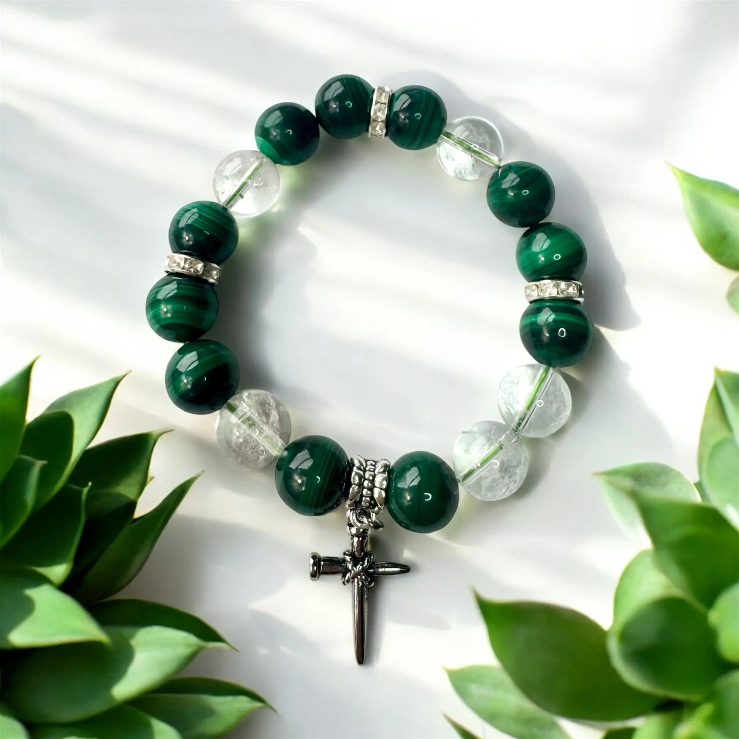 Malachite & Clear Quartz Crystal Bracelet with Silver Cross 12mm Beads Stone of Transformation Divine Protection for Adults
