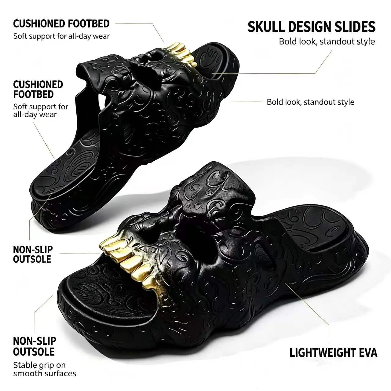 Unisex Chic Gothic Skull Slides with 3D Gold Teeth, EVA Platform with Thick Non-Slip Sole for Beach & Party, Wedding, Preppy, Sweet, Halloween Cosplay, Beach Shoes, Slip On, Ankle, Punk Goth, Modest, Rock, Eva Foam, Holiday, Street