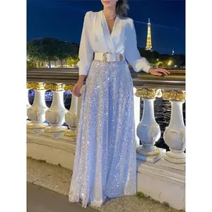 Splice Sequins Maxi Dresses For Women Fashion Folds Loose V Neck Elegant Dress Femme Party Evening Dresses Luxury 2024 Formal Womenswear Green Basic(Sheet)