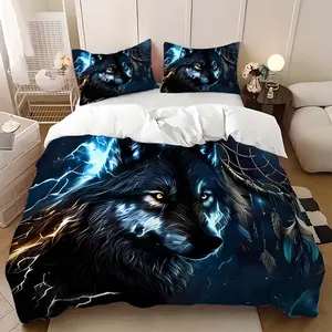 3-Piece Bedding Set Wolf Dreamcatcher Design, Soft Polyester Sheet & Pillowcases, Modern Digital Print, Ideal Gift for Home Decor