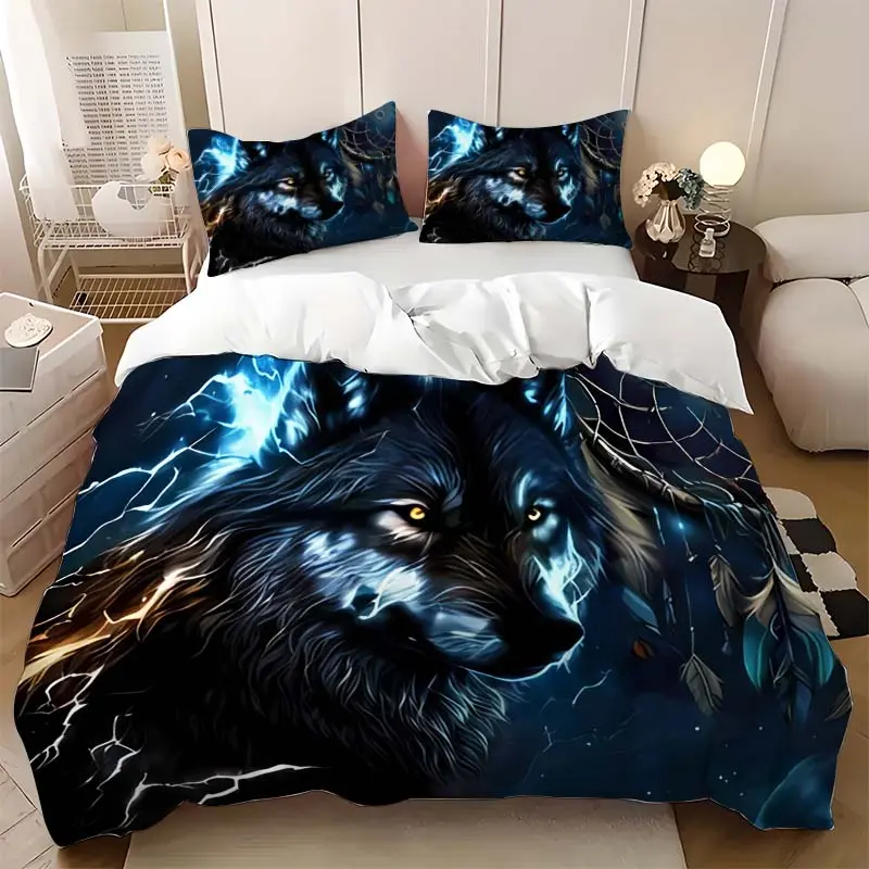 3-Piece Bedding Set Wolf Dreamcatcher Design, Soft Polyester Sheet & Pillowcases, Modern Digital Print, Ideal Gift for Home Decor